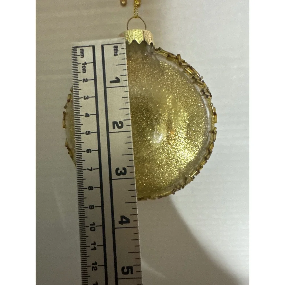 Gold Chickadee Bird Glass Disc Christmas Ornament Beaded Edge Pinecone Winter